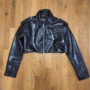 Zara Womens Cropped Faux Leather Motorcycle Festival Black Jacket Small